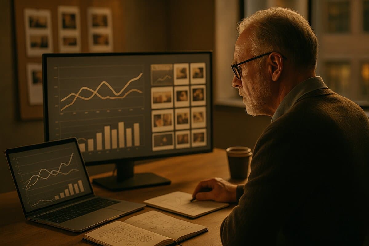 Creative strategist reviewing ad-account performance data and test results on screen while planning the next round of creative