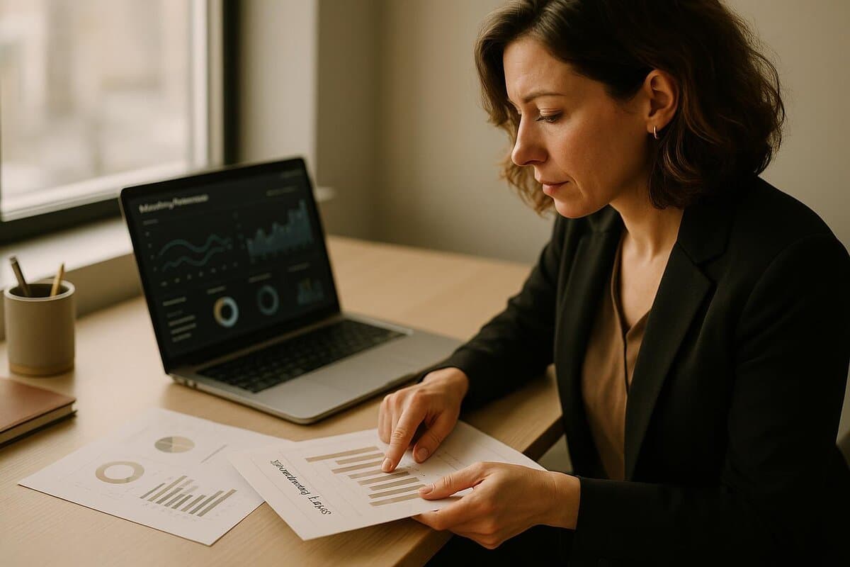 Creative strategist reviewing salary benchmarks and ad performance data across multiple screens in a modern workspace
